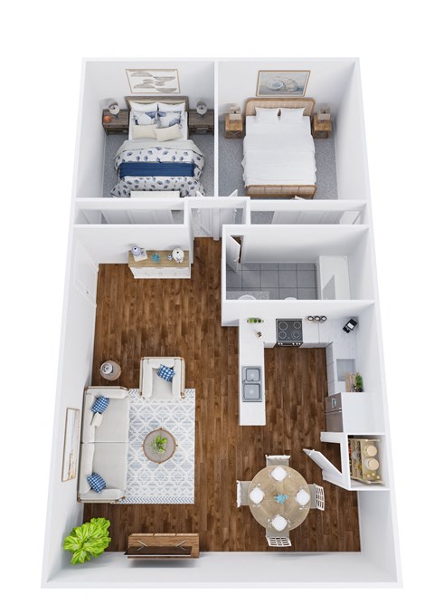 a stylized floor plan of a two bedroom apartment with two bathrooms and a balcony